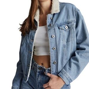 $79 COTTON ON Oversized BORG Denim Trucker SHERPA Lined Y2K Jean Jacket Sz M